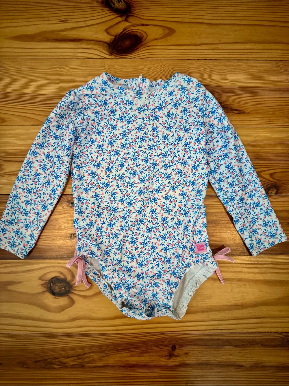 Ruffle Butts Floral Long Sleeve One-Piece Swimsuit White, Blue & Pink 3T EUC